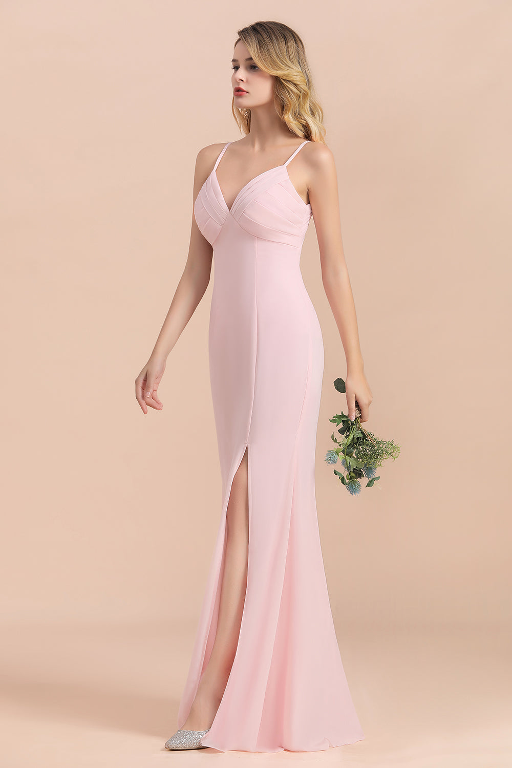 Affordable Sheath V-Neck Blushing Pink Chiffon Bridesmaid Dresses with Spaghetii Straps - Fashionpara