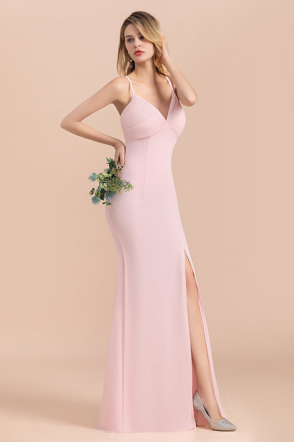 Affordable Sheath V-Neck Blushing Pink Chiffon Bridesmaid Dresses with Spaghetii Straps - Fashionpara