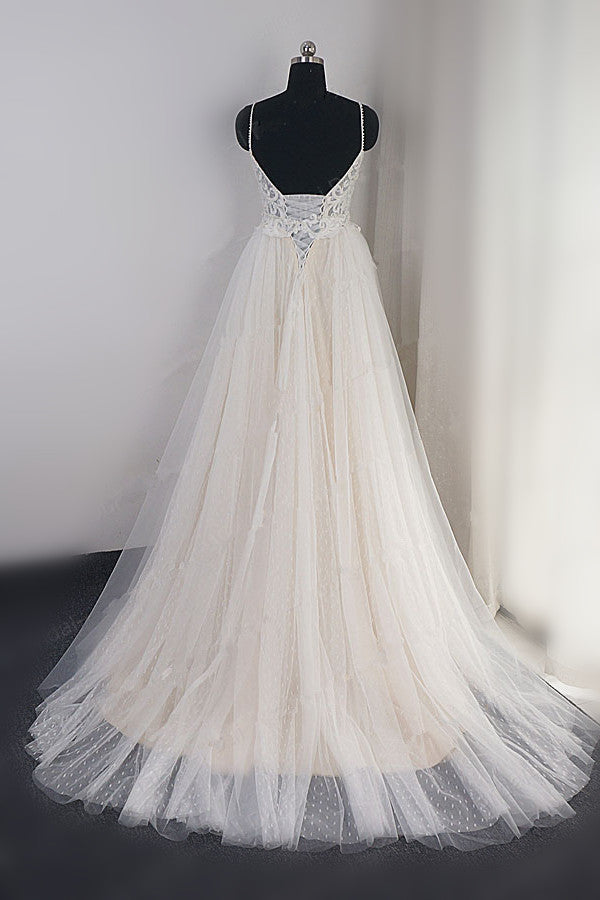 Affordable Spaghetti Straps Tulle Ruffle Wedding Dress V-Neck Lace Appliques Bridal Gowns On Sale - Fashionpara