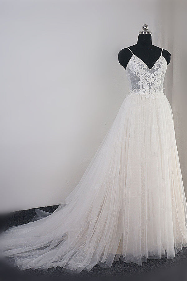 Affordable Spaghetti Straps Tulle Ruffle Wedding Dress V-Neck Lace Appliques Bridal Gowns On Sale - Fashionpara