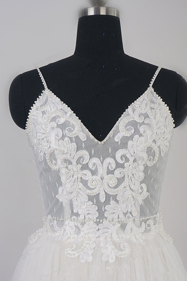 Affordable Spaghetti Straps Tulle Ruffle Wedding Dress V-Neck Lace Appliques Bridal Gowns On Sale - Fashionpara