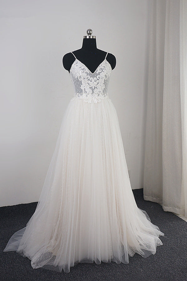 Affordable Spaghetti Straps Tulle Ruffle Wedding Dress V-Neck Lace Appliques Bridal Gowns On Sale - Fashionpara