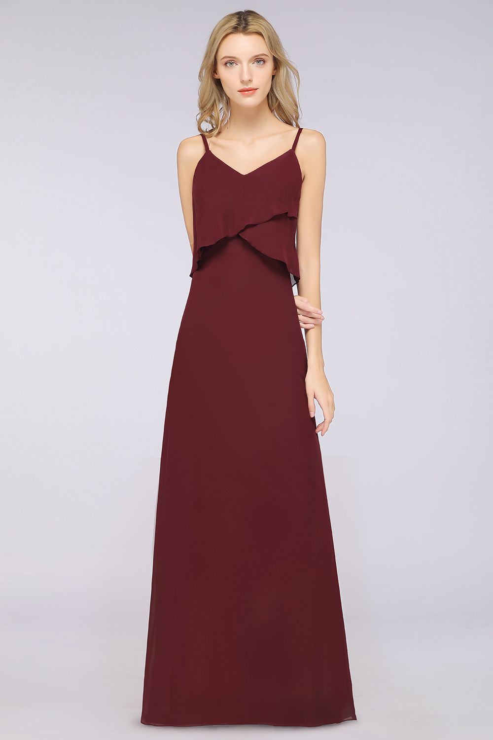 Affordable Spaghetti-Straps V-Neck Burgundy Chiffon Bridesmaid dresses