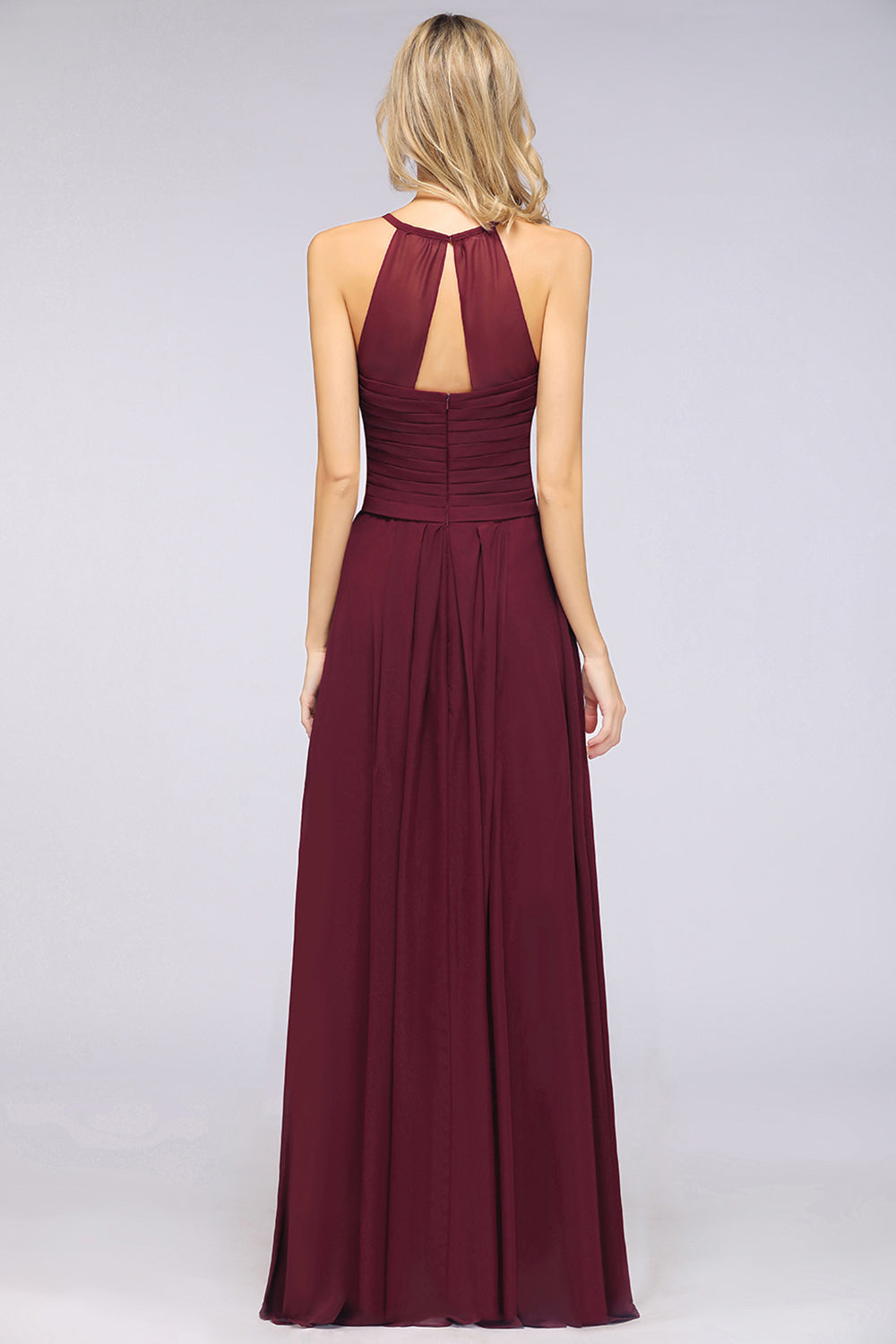 Affordable Spaghetti Straps V-Neck Burgundy Chiffon Bridesmaid Dresses with Keyhole Back - Fashionpara