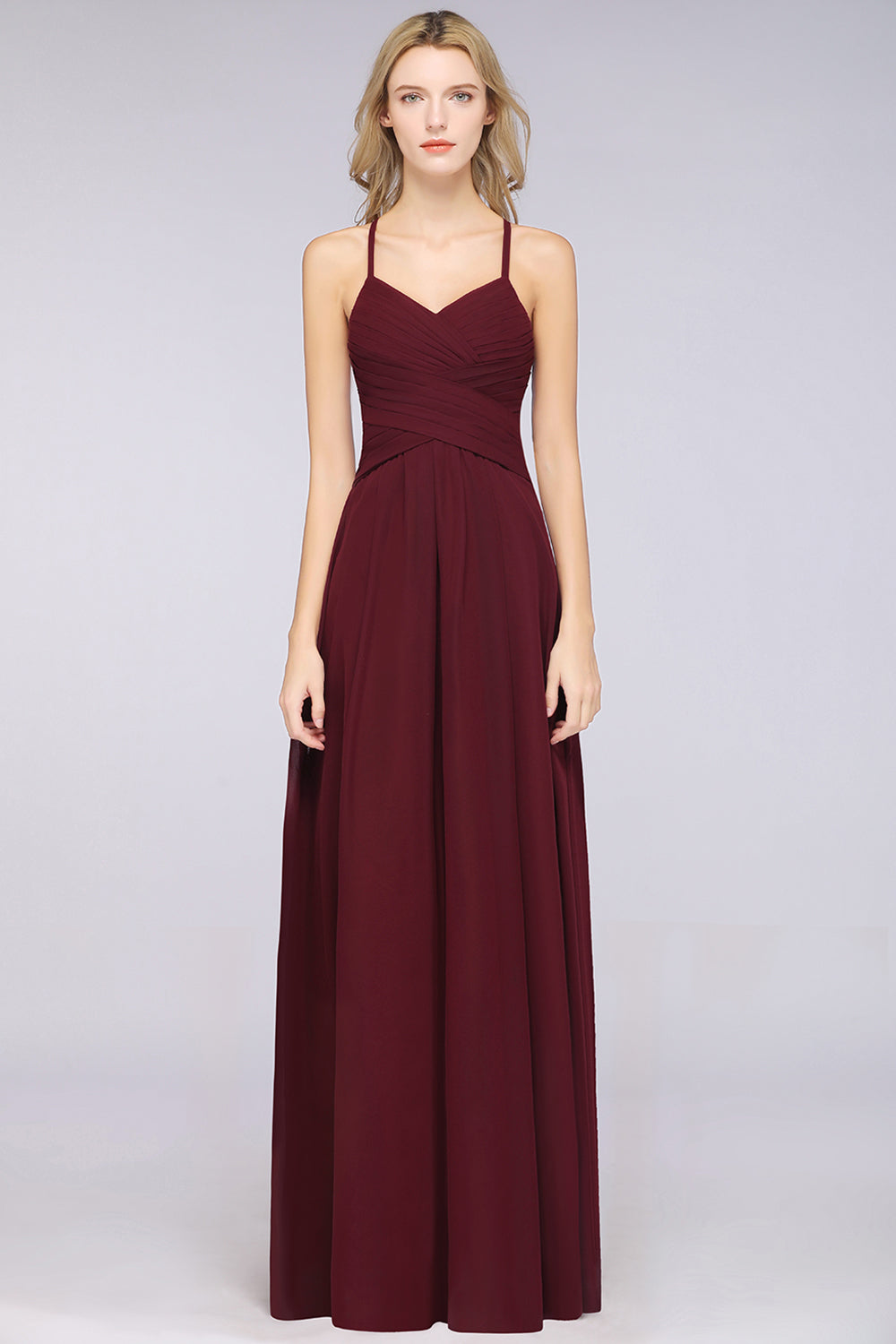 Affordable Spaghetti Straps V-Neck Burgundy Chiffon Bridesmaid Dresses with Keyhole Back - Fashionpara