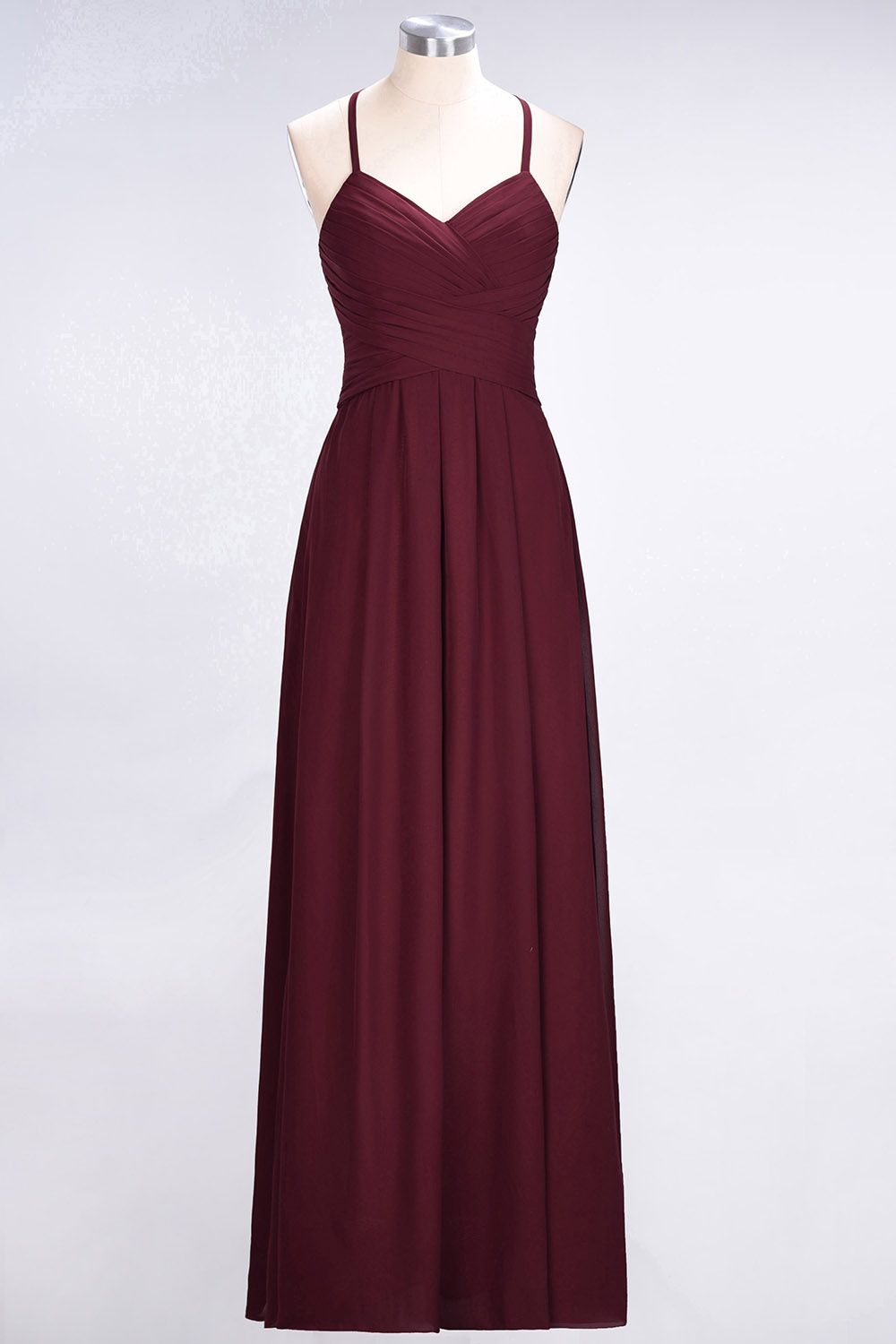 Affordable Spaghetti Straps V-Neck Burgundy Chiffon Bridesmaid Dresses with Keyhole Back
