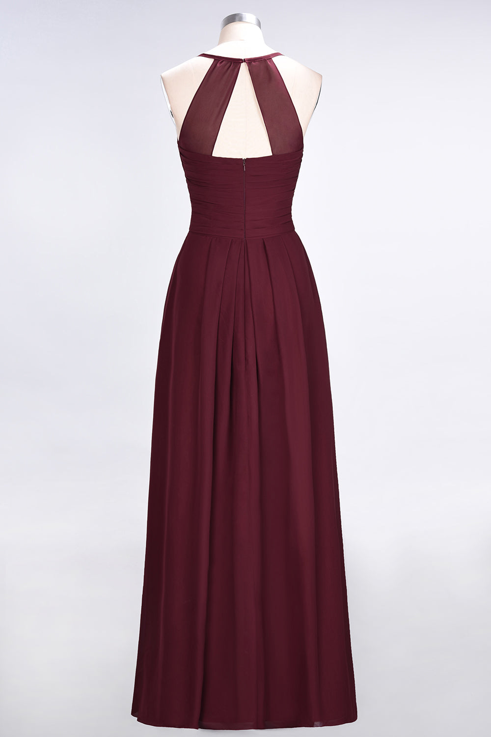 Affordable Spaghetti Straps V-Neck Burgundy Chiffon Bridesmaid Dresses with Keyhole Back