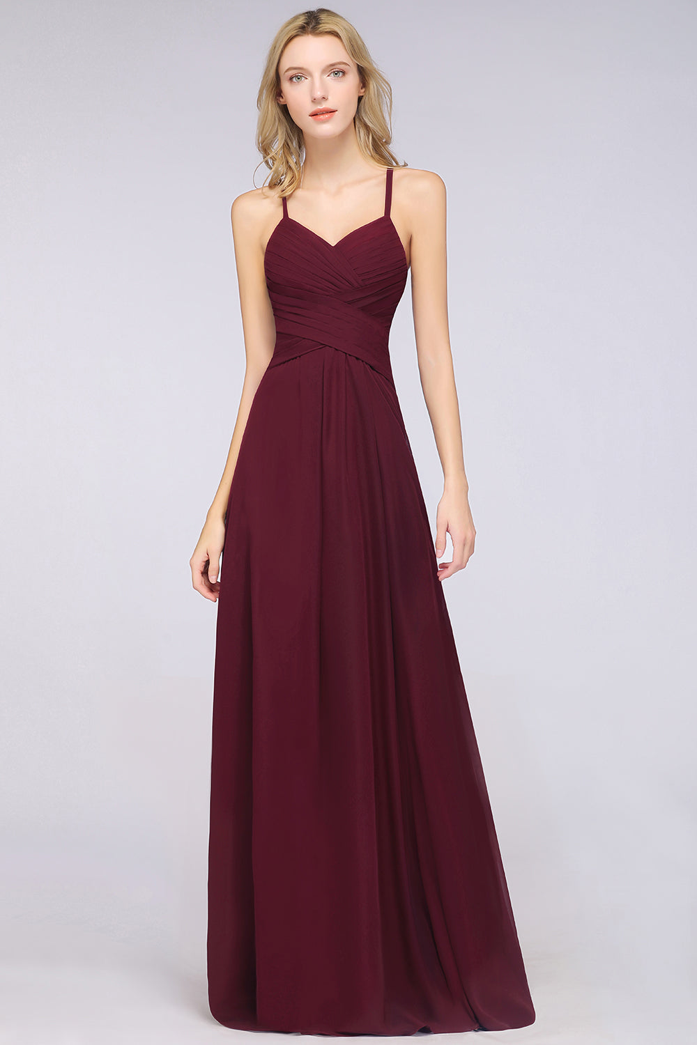 Affordable Spaghetti Straps V-Neck Burgundy Chiffon Bridesmaid Dresses with Keyhole Back - Fashionpara