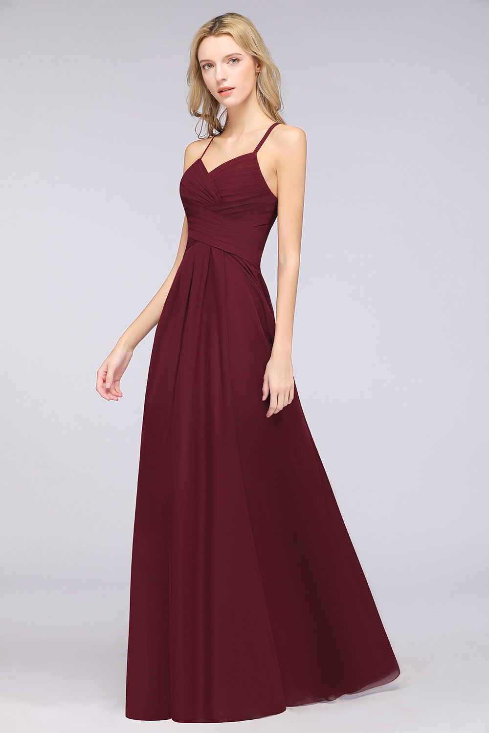 Affordable Spaghetti Straps V-Neck Burgundy Chiffon Bridesmaid Dresses with Keyhole Back - Fashionpara