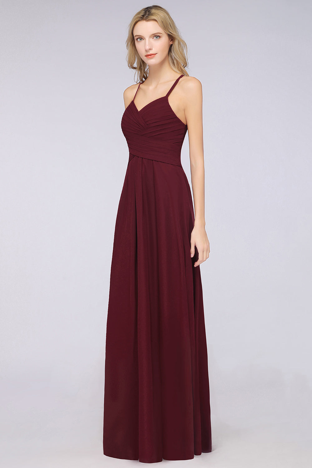 Affordable Spaghetti Straps V-Neck Burgundy Chiffon Bridesmaid Dresses with Keyhole Back - Fashionpara