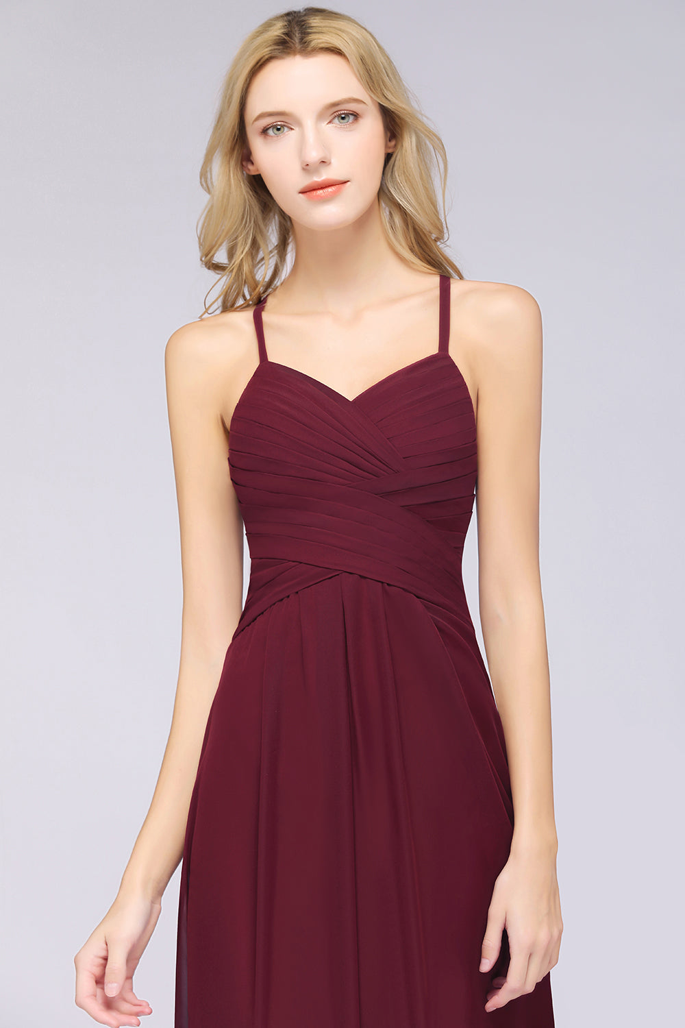 Affordable Spaghetti Straps V-Neck Burgundy Chiffon Bridesmaid Dresses with Keyhole Back - Fashionpara