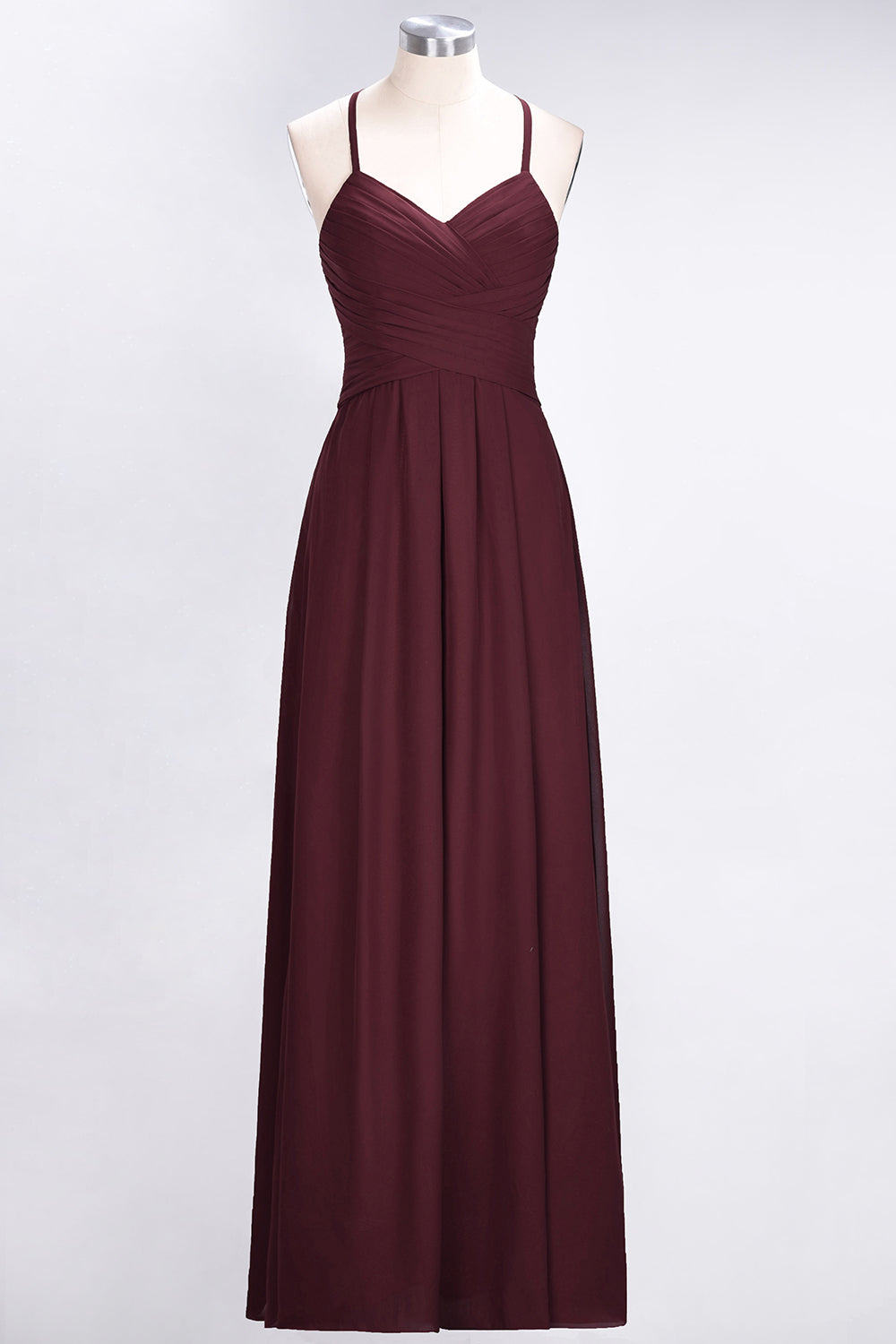 Affordable Spaghetti Straps V-Neck Burgundy Chiffon Bridesmaid Dresses with Keyhole Back - Fashionpara