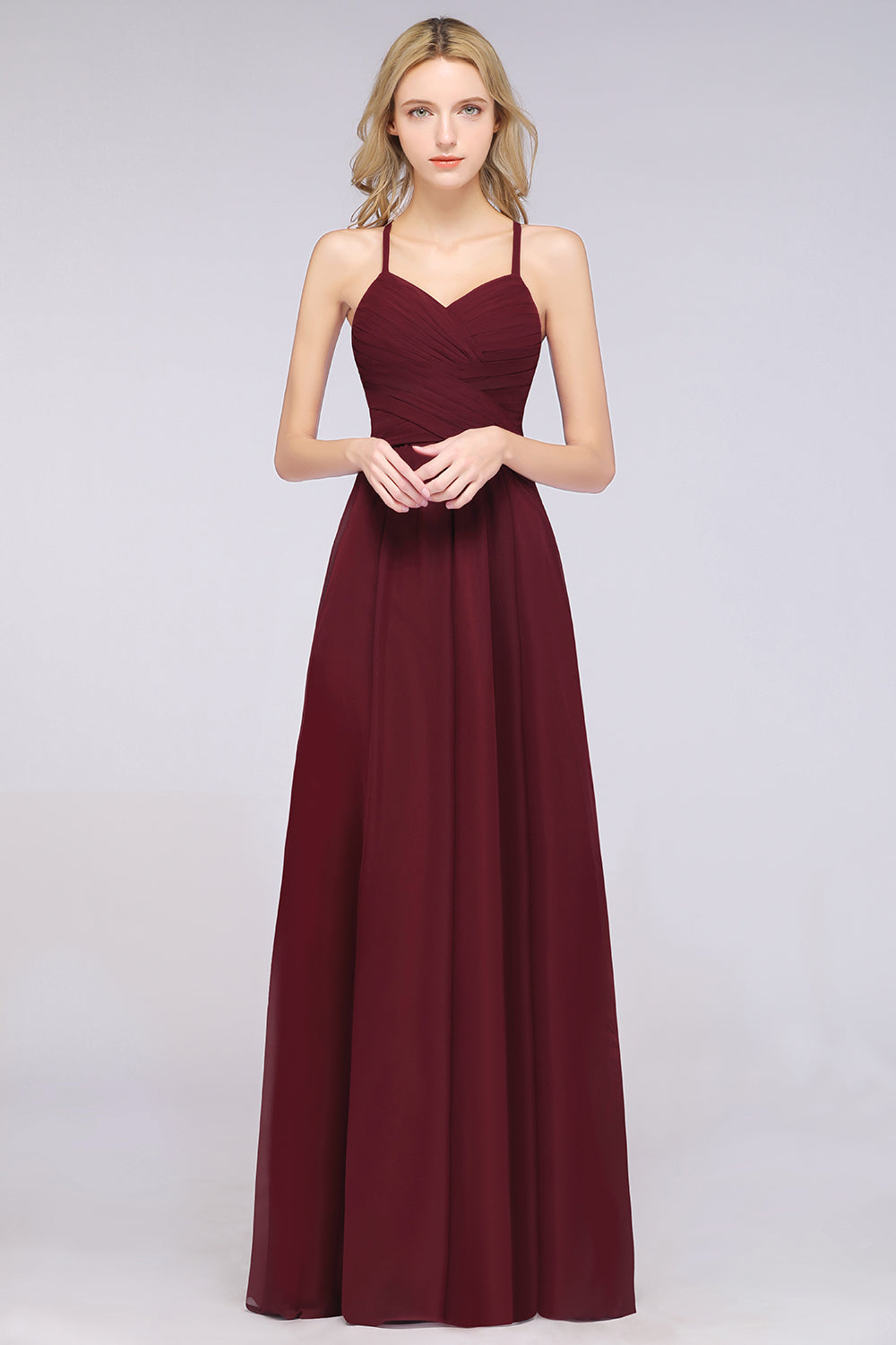 Affordable Spaghetti Straps V-Neck Burgundy Chiffon Bridesmaid Dresses with Keyhole Back