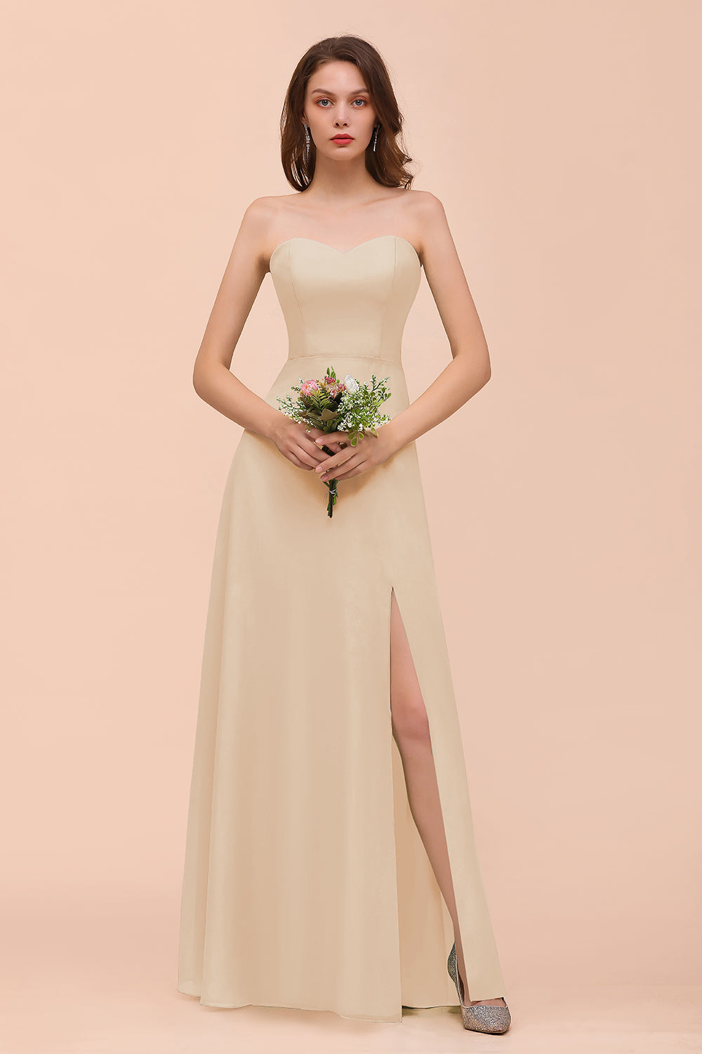 Affordable Strapless Front Slit Long Dusty Sage Bridesmaid Dresses - Fashionpara