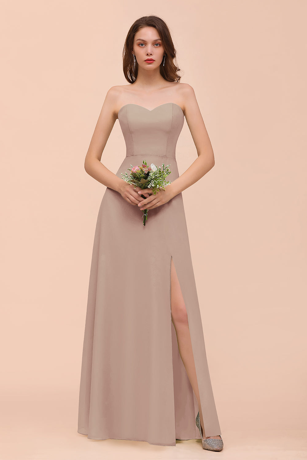 Affordable Strapless Front Slit Long Dusty Sage Bridesmaid Dresses - Fashionpara
