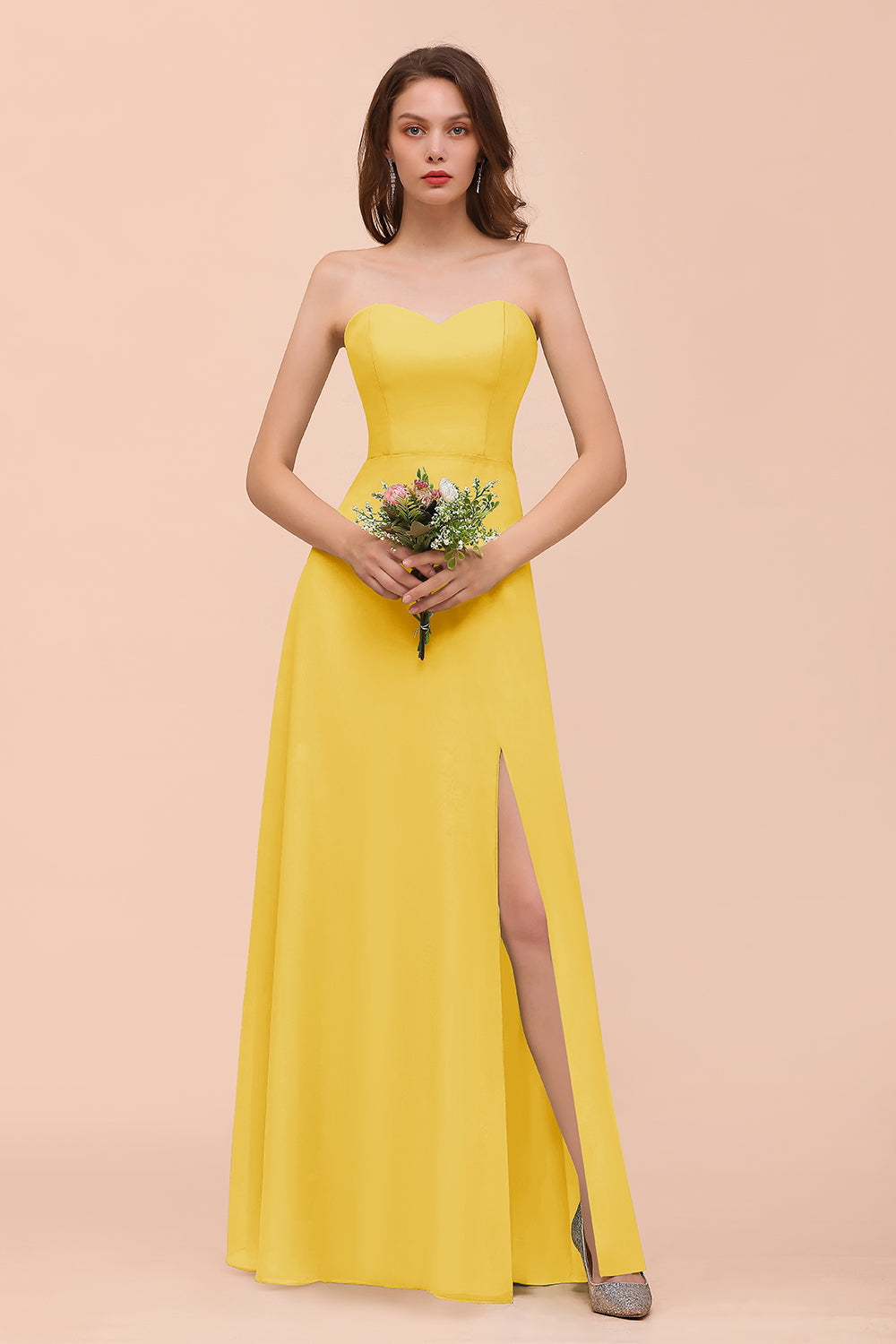 Affordable Strapless Front Slit Long Dusty Sage Bridesmaid Dresses - Fashionpara