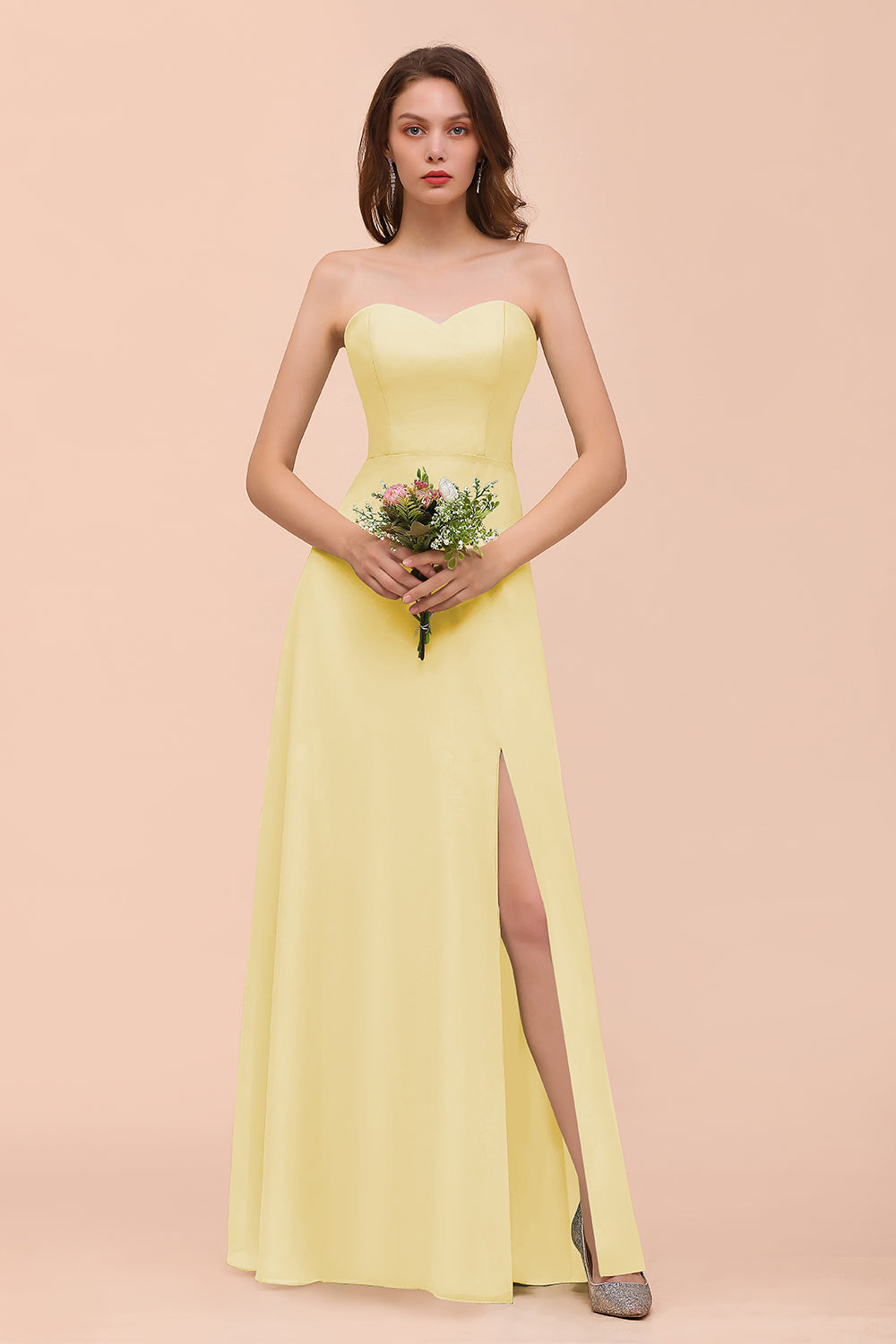 Affordable Strapless Front Slit Long Dusty Sage Bridesmaid Dresses - Fashionpara