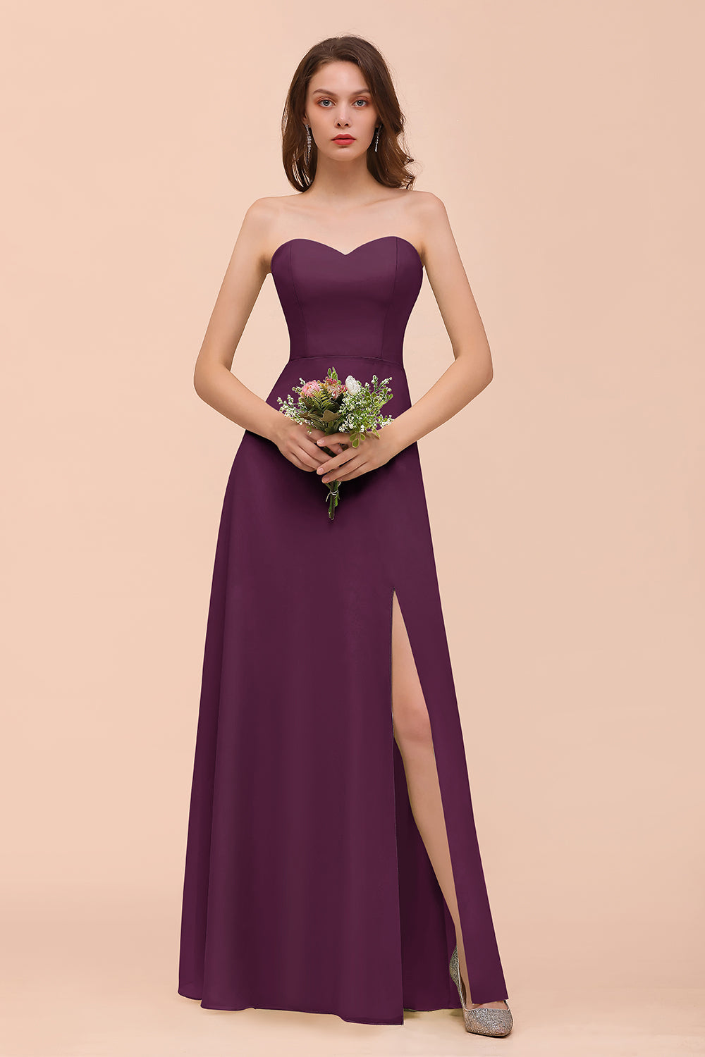 Affordable Strapless Front Slit Long Dusty Sage Bridesmaid Dresses - Fashionpara