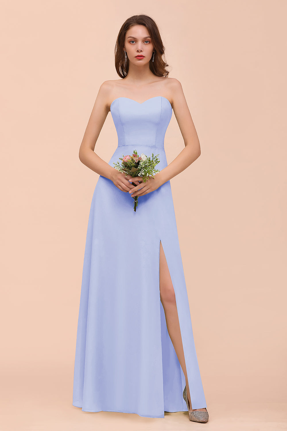 Affordable Strapless Front Slit Long Dusty Sage Bridesmaid Dresses - Fashionpara