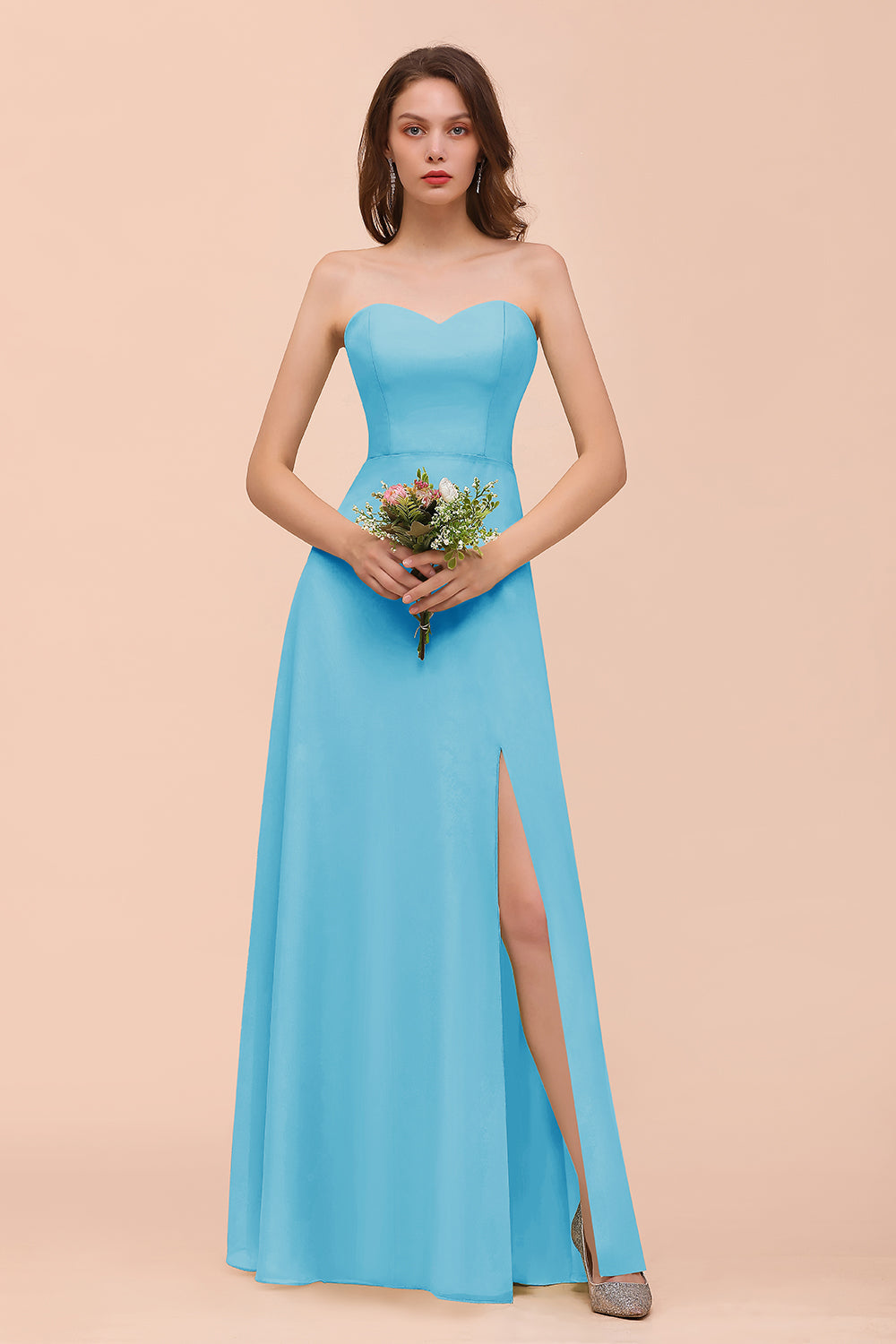 Affordable Strapless Front Slit Long Dusty Sage Bridesmaid Dresses - Fashionpara