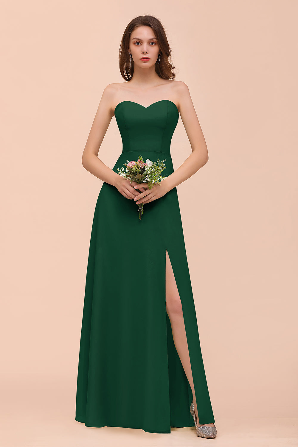 Affordable Strapless Front Slit Long Dusty Sage Bridesmaid Dresses - Fashionpara