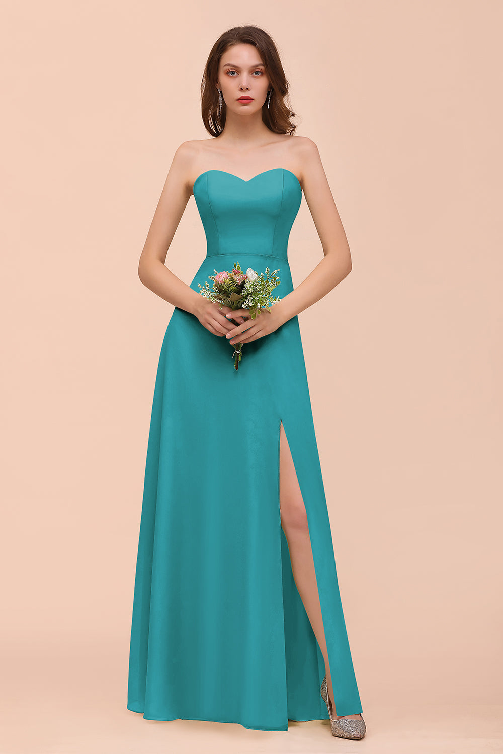 Affordable Strapless Front Slit Long Dusty Sage Bridesmaid Dresses