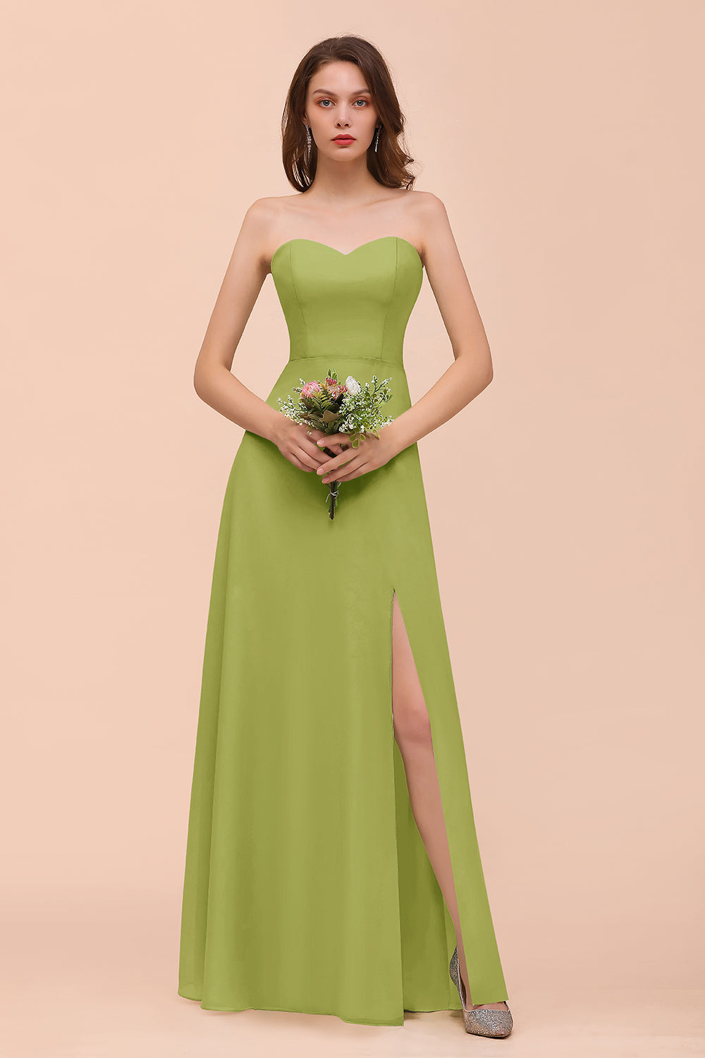 Affordable Strapless Front Slit Long Dusty Sage Bridesmaid Dresses