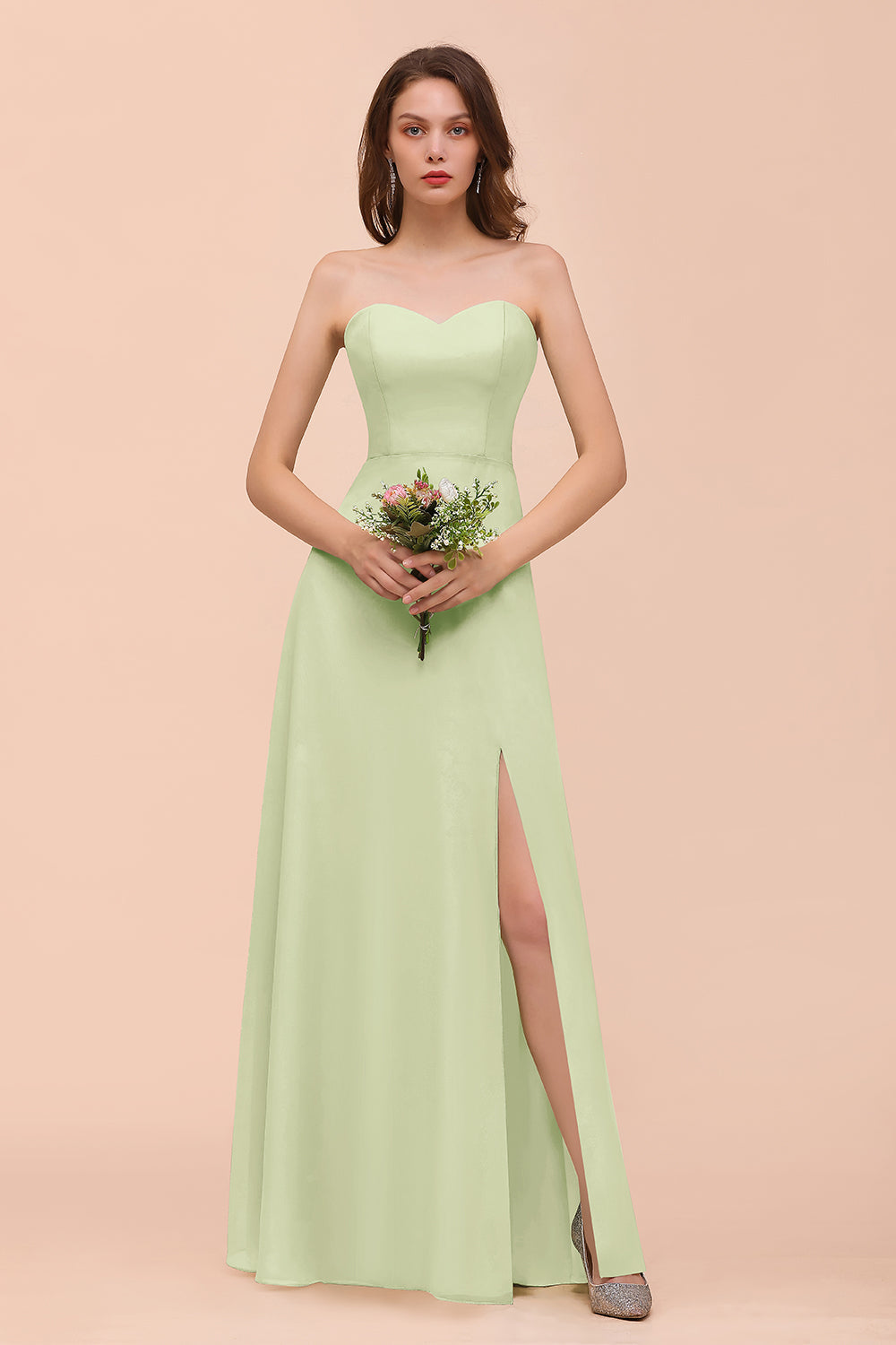 Affordable Strapless Front Slit Long Dusty Sage Bridesmaid Dresses