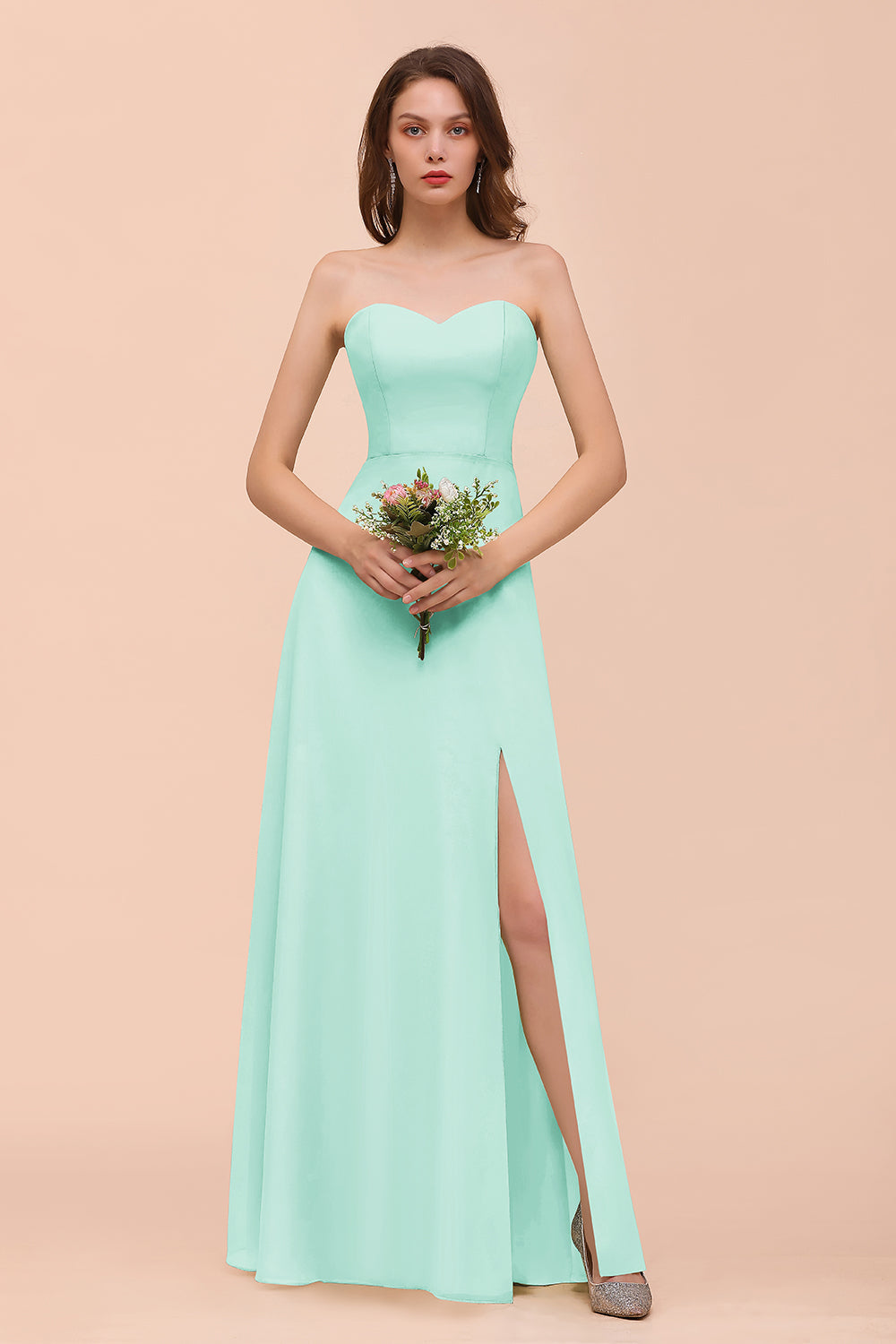 Affordable Strapless Front Slit Long Dusty Sage Bridesmaid Dresses