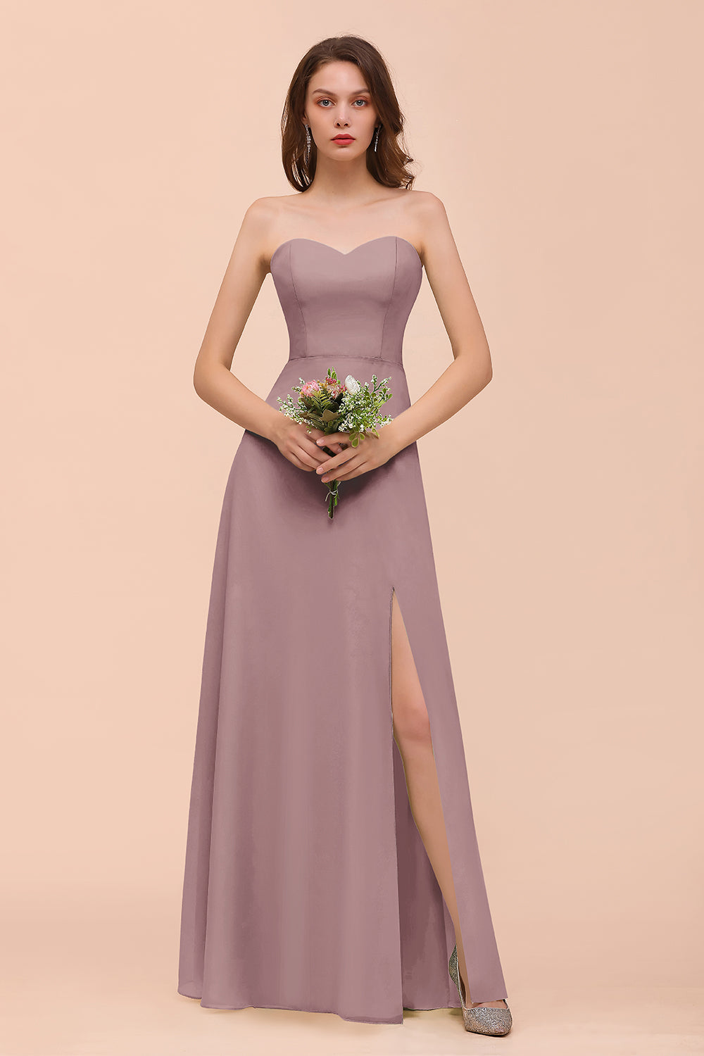 Affordable Strapless Front Slit Long Dusty Sage Bridesmaid Dresses