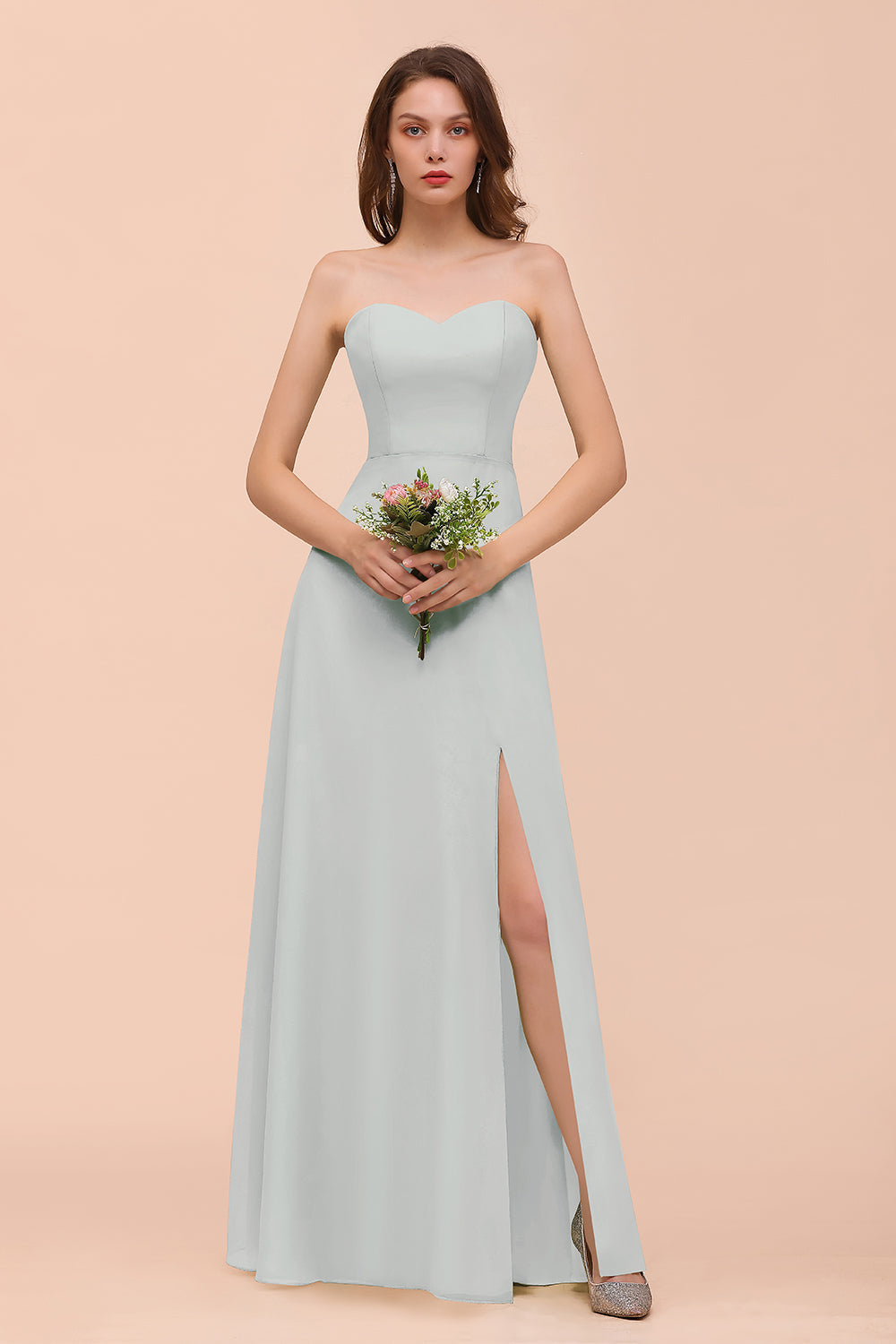 Affordable Strapless Front Slit Long Dusty Sage Bridesmaid Dresses
