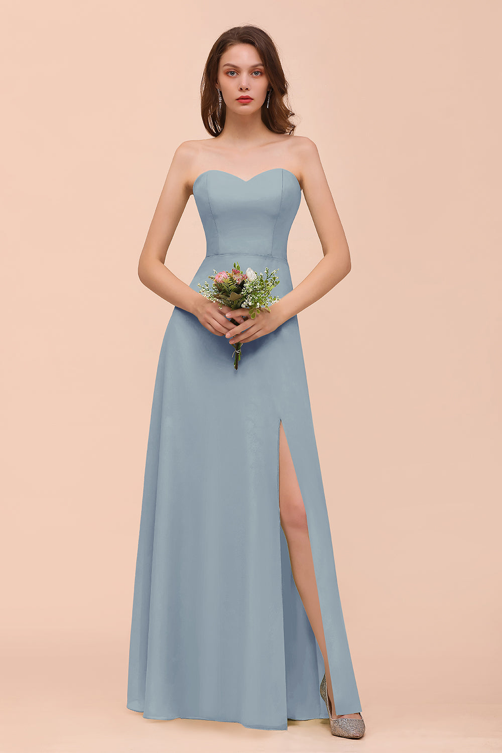 Affordable Strapless Front Slit Long Dusty Sage Bridesmaid Dresses