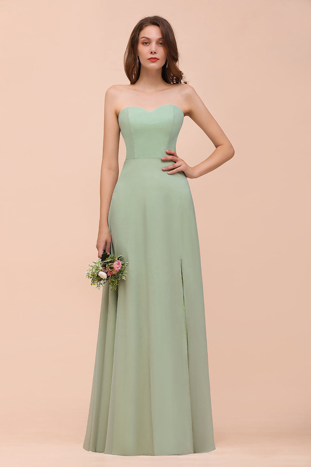 Affordable Strapless Front Slit Long Dusty Sage Bridesmaid Dresses