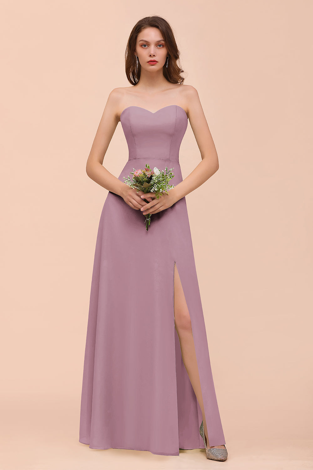 Affordable Strapless Front Slit Long Dusty Sage Bridesmaid Dresses
