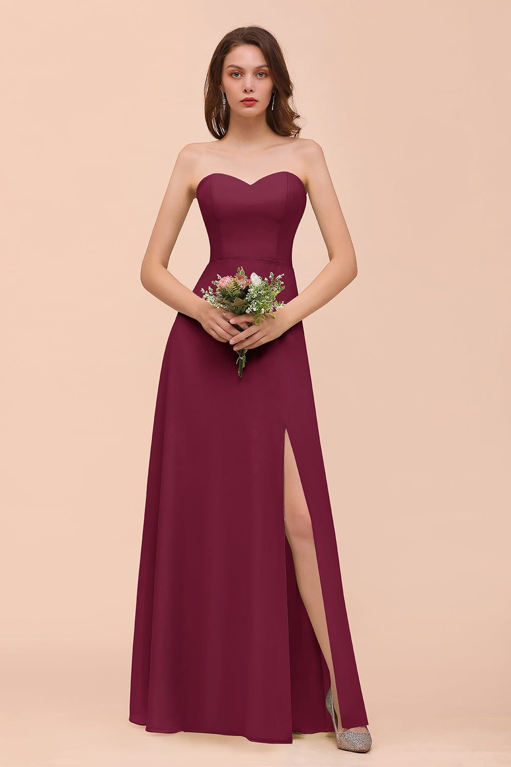 Affordable Strapless Front Slit Long Dusty Sage Bridesmaid Dresses