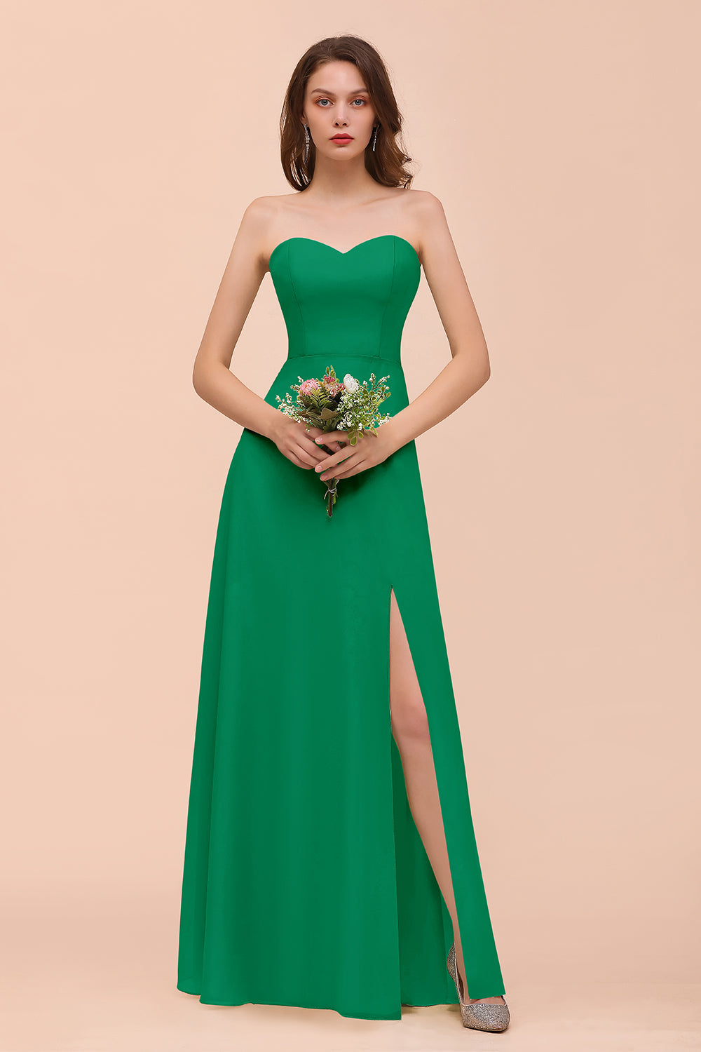 Affordable Strapless Front Slit Long Dusty Sage Bridesmaid Dresses