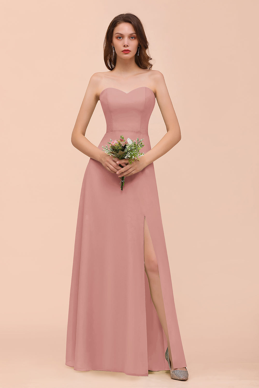 Affordable Strapless Front Slit Long Dusty Sage Bridesmaid Dresses