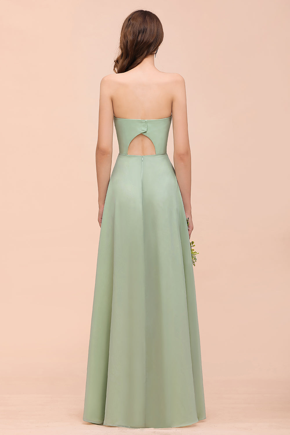 Affordable Strapless Front Slit Long Dusty Sage Bridesmaid Dresses
