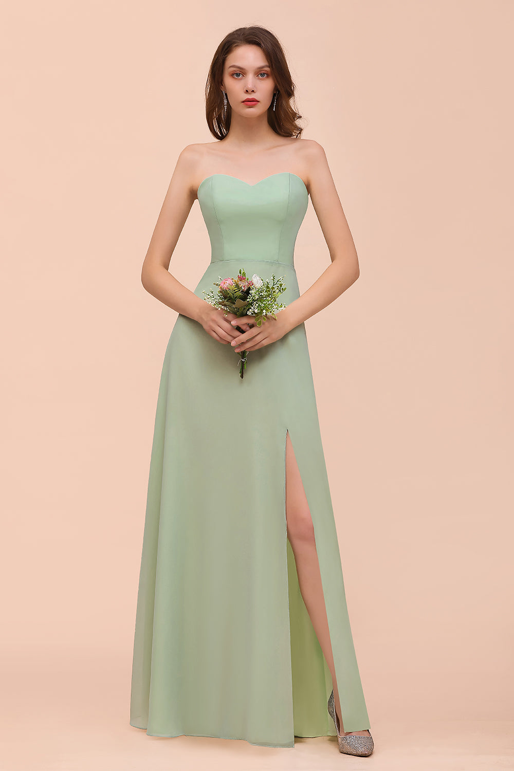Affordable Strapless Front Slit Long Dusty Sage Bridesmaid Dresses