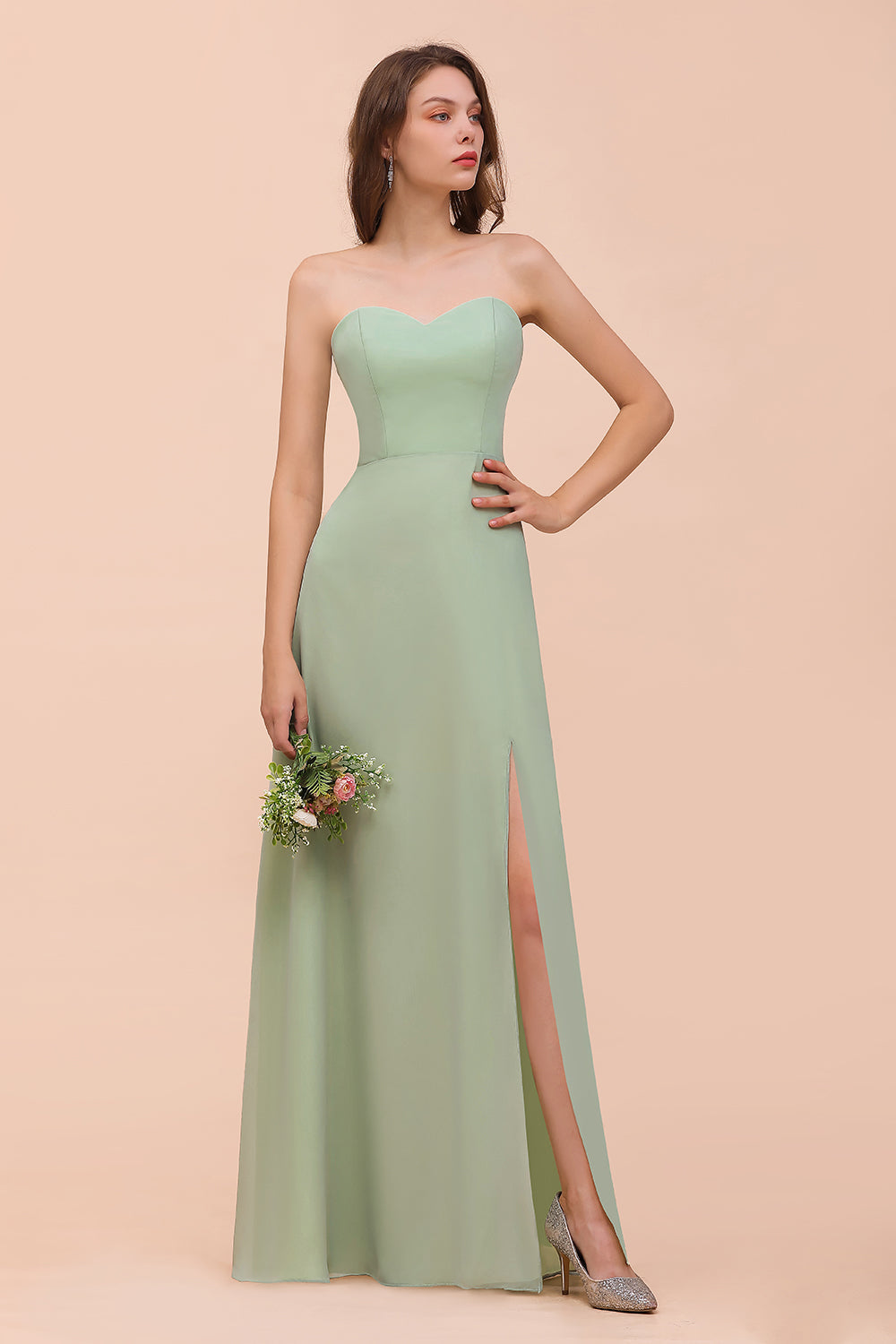 Affordable Strapless Front Slit Long Dusty Sage Bridesmaid Dresses