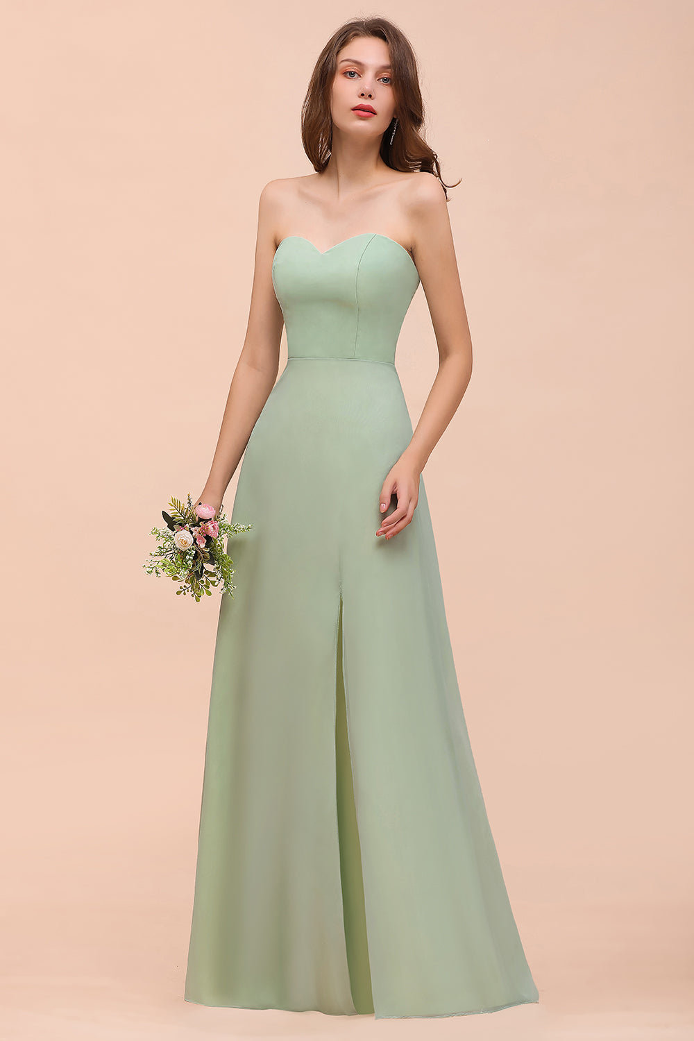 Affordable Strapless Front Slit Long Dusty Sage Bridesmaid Dresses