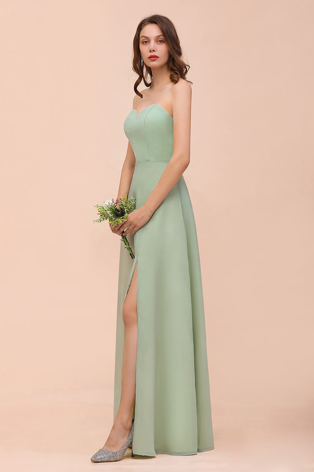 Affordable Strapless Front Slit Long Dusty Sage Bridesmaid Dresses