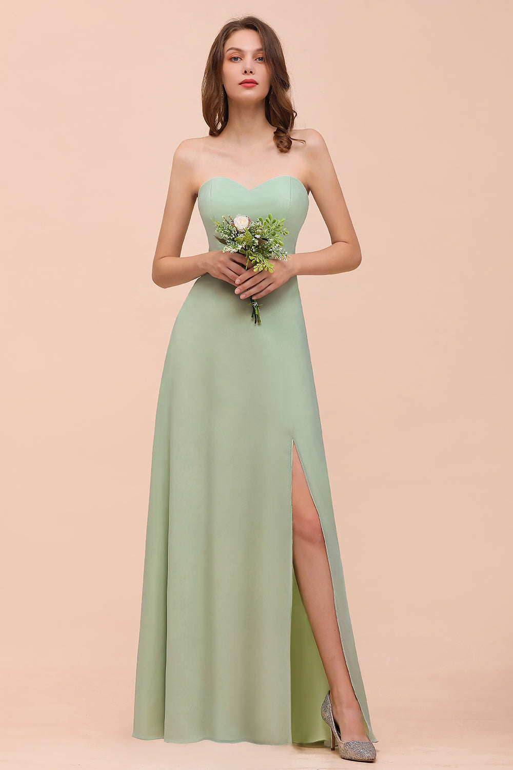 Affordable Strapless Front Slit Long Dusty Sage Bridesmaid Dresses