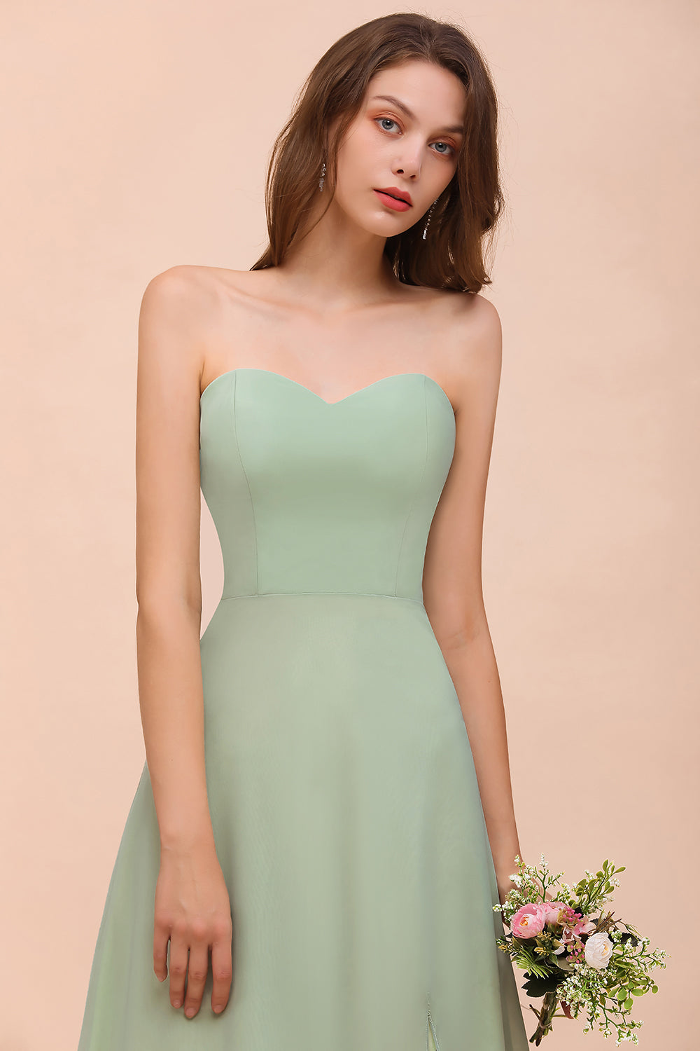 Affordable Strapless Front Slit Long Dusty Sage Bridesmaid Dresses