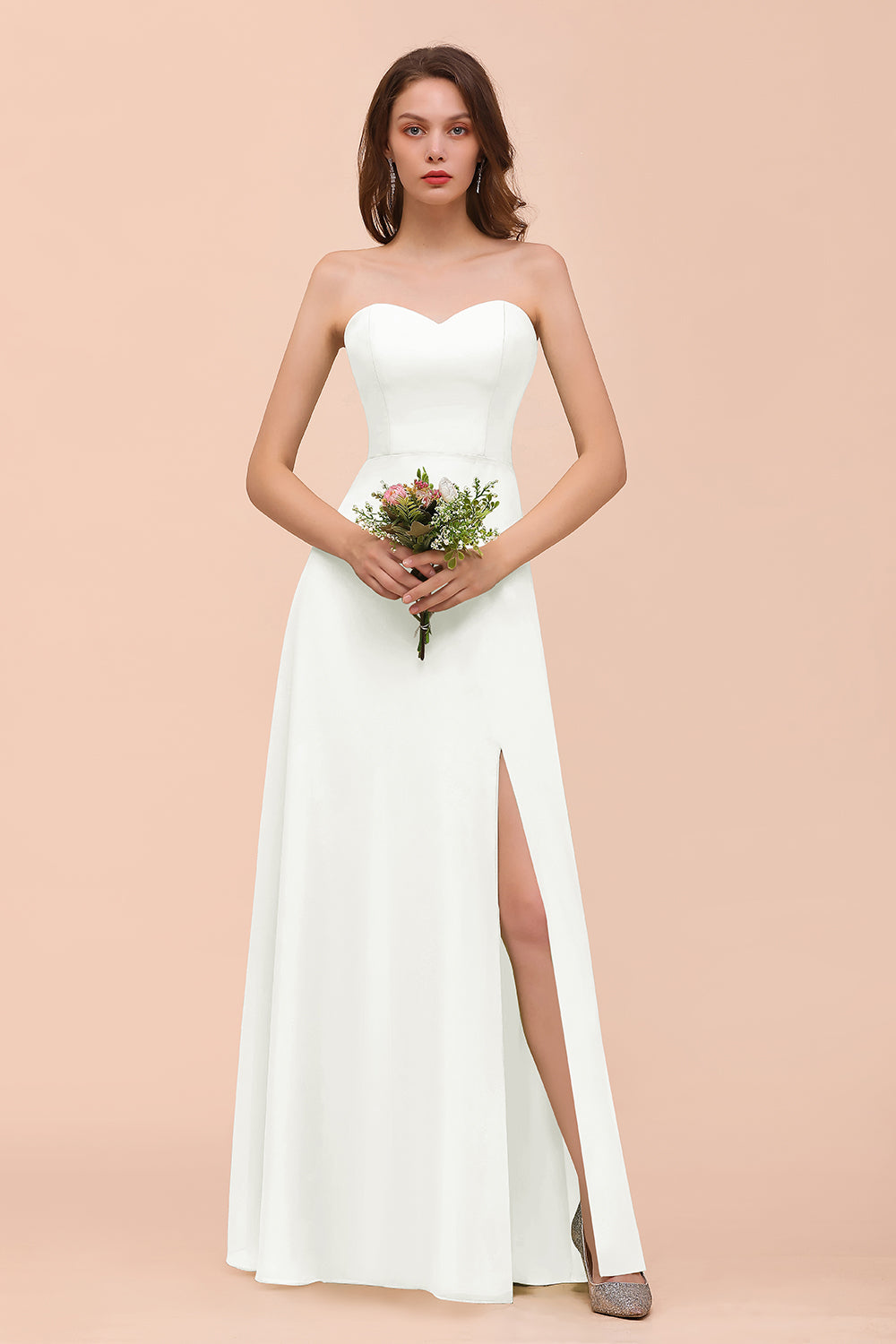 Affordable Strapless Front Slit Long Dusty Sage Bridesmaid Dresses - Fashionpara