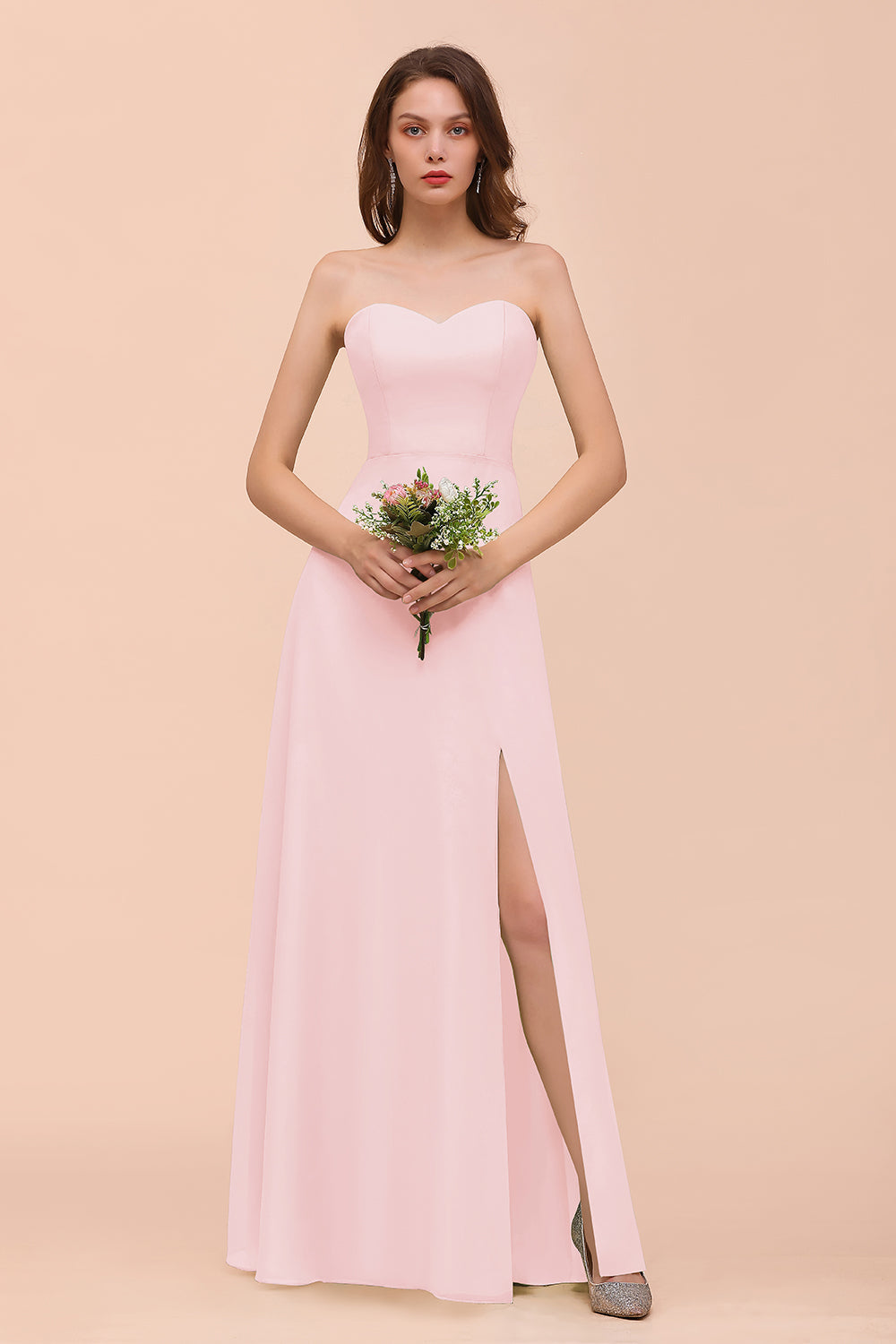 Affordable Strapless Front Slit Long Dusty Sage Bridesmaid Dresses - Fashionpara