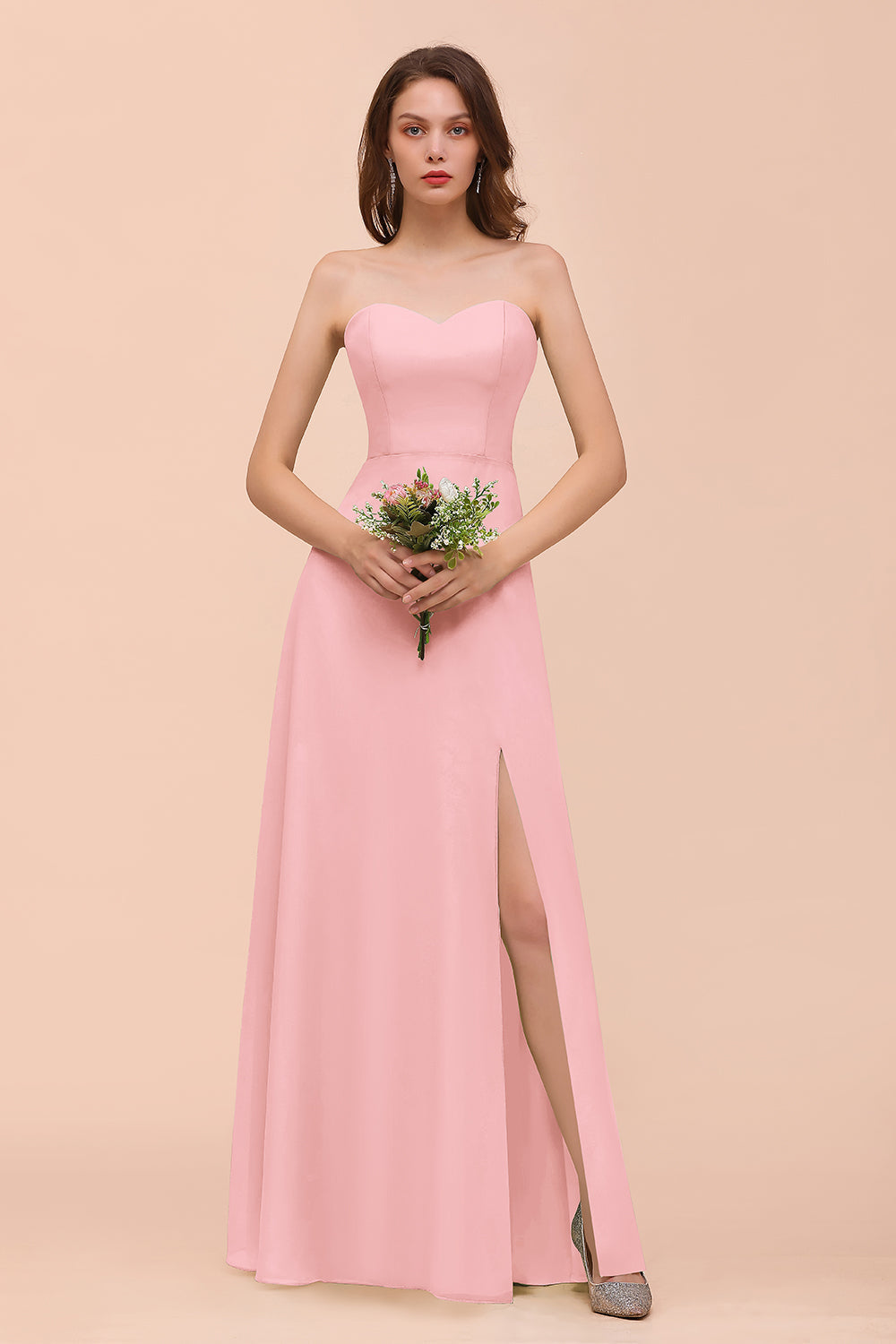 Affordable Strapless Front Slit Long Dusty Sage Bridesmaid Dresses - Fashionpara