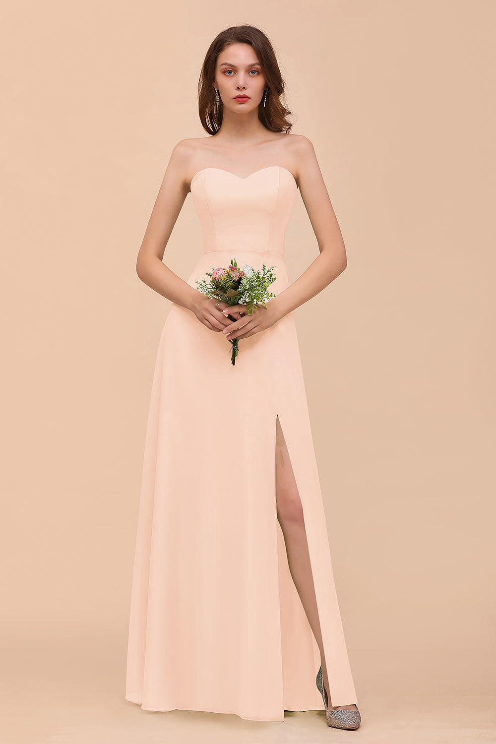 Affordable Strapless Front Slit Long Dusty Sage Bridesmaid Dresses - Fashionpara