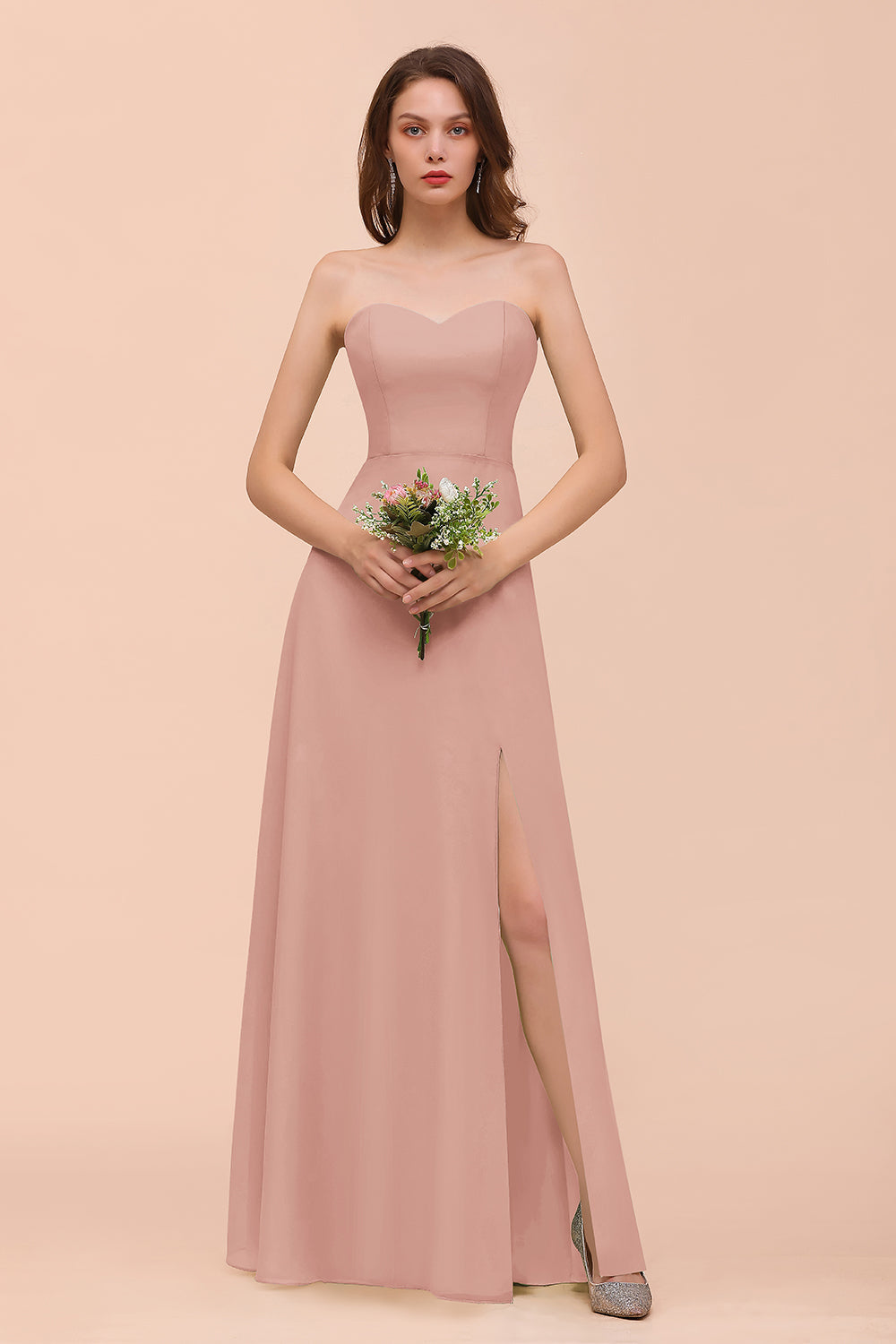 Affordable Strapless Front Slit Long Dusty Sage Bridesmaid Dresses