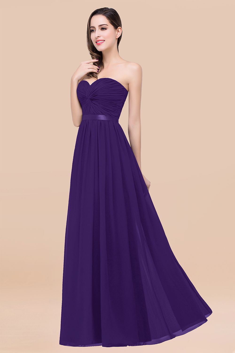Affordable Sweetheart Ruffle Navy Chiffon Bridesmaid Dresses With Ribbon - Fashionpara
